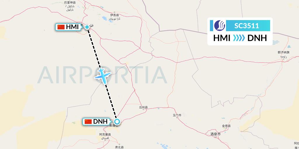 SC3511 Shandong Airlines Flight Map: Hami City to Dunhuang