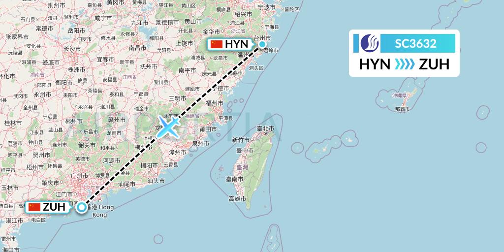 SC3632 Shandong Airlines Flight Map: Huangyan to Zhuhai
