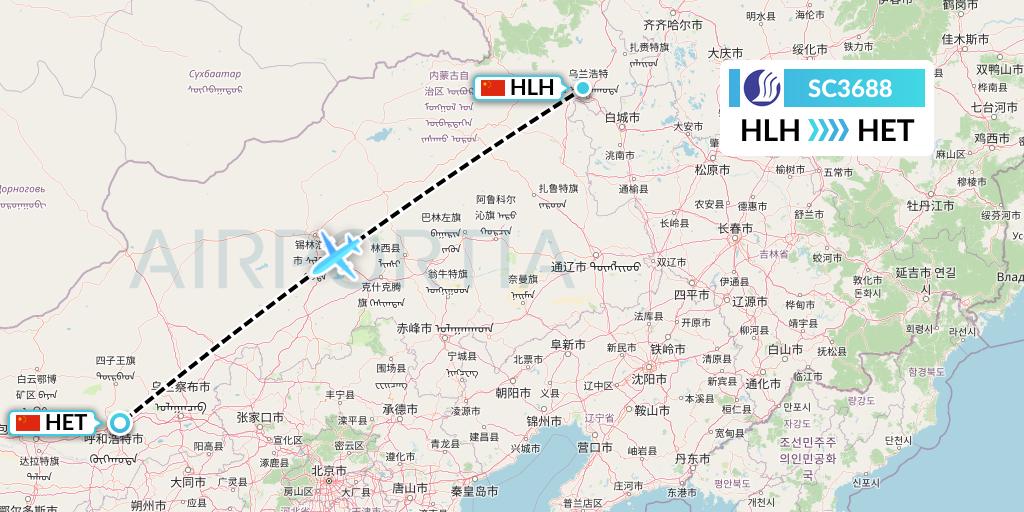 SC3688 Shandong Airlines Flight Map: Ulanhot to Hohhot