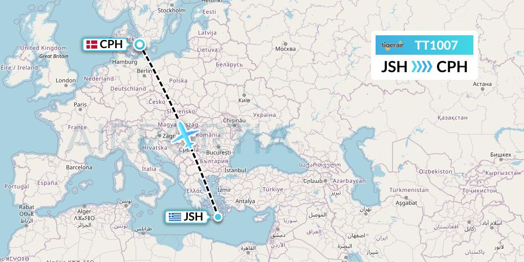 TT1007 Tigerair Australia Flight Map: Sitia to Copenhagen