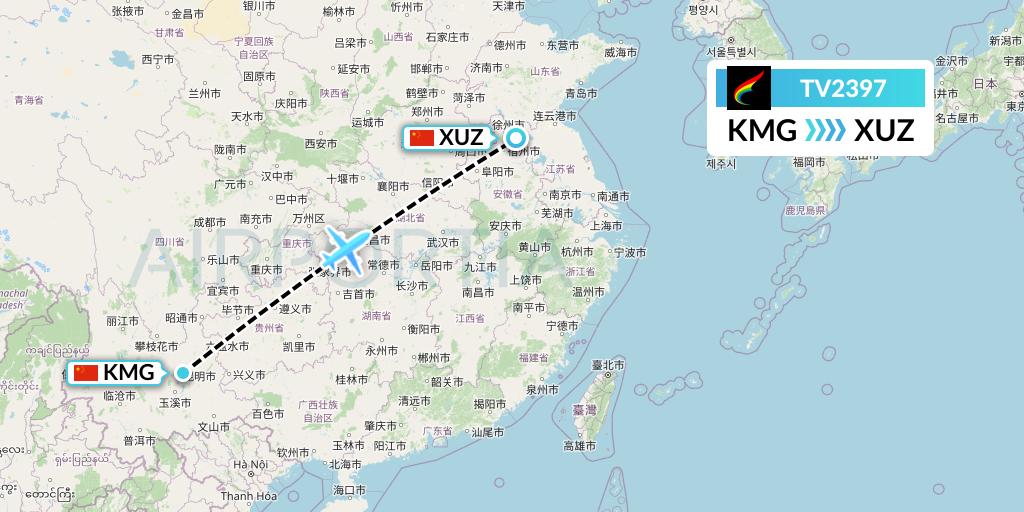 TV2397 Tibet Airlines Flight Map: Kunming to Xuzhou