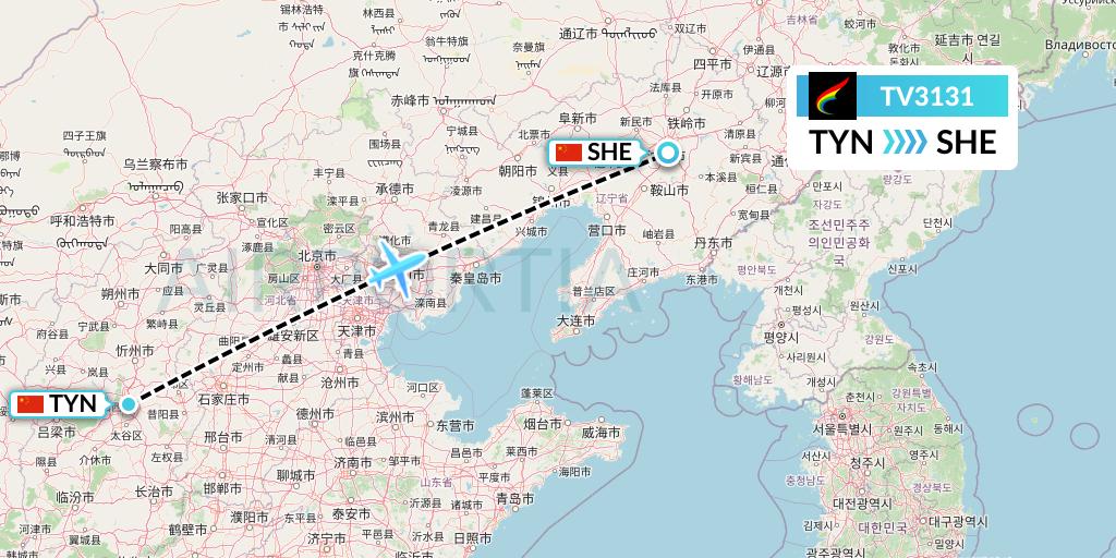 TV3131 Tibet Airlines Flight Map: Taiyuan to Shenyang