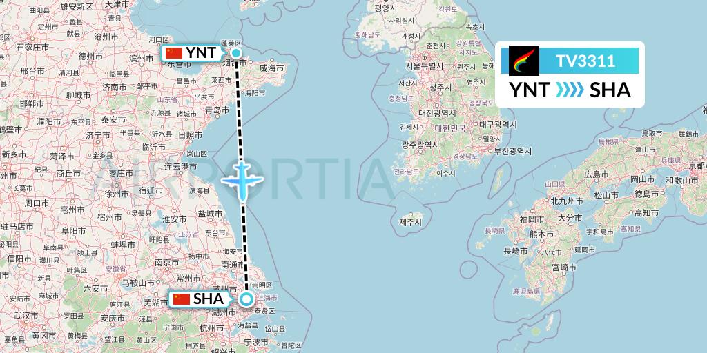 TV3311 Tibet Airlines Flight Map: Yantai to Shanghai