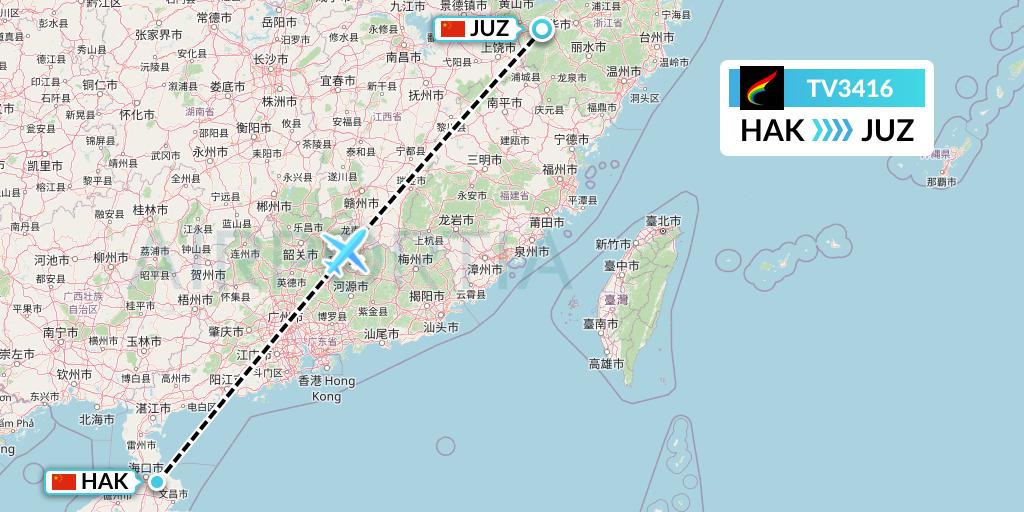 TV3416 Tibet Airlines Flight Map: Haikou to Quzhou
