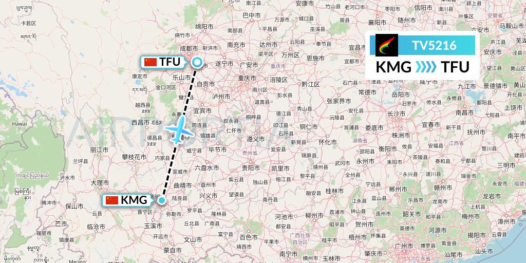 TV5216 Tibet Airlines Flight Map: Kunming to Chengdu