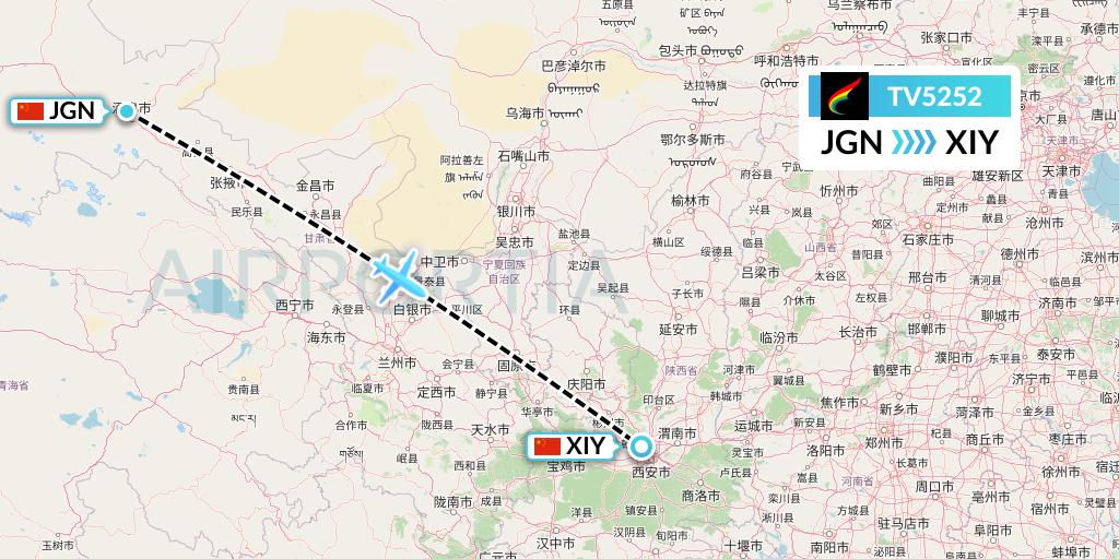 TV5252 Tibet Airlines Flight Map: Jiayuguan to Xi'an