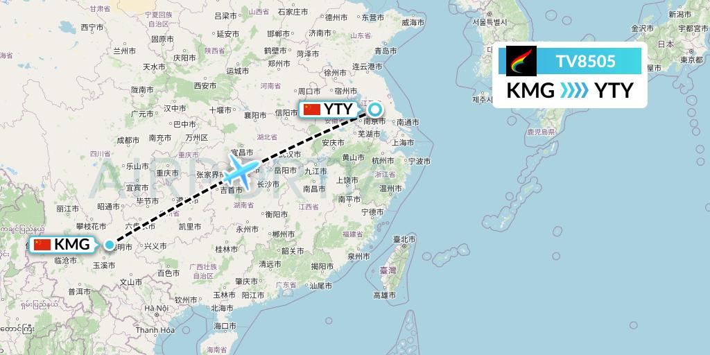 TV8505 Tibet Airlines Flight Map: Kunming to Yangzhou