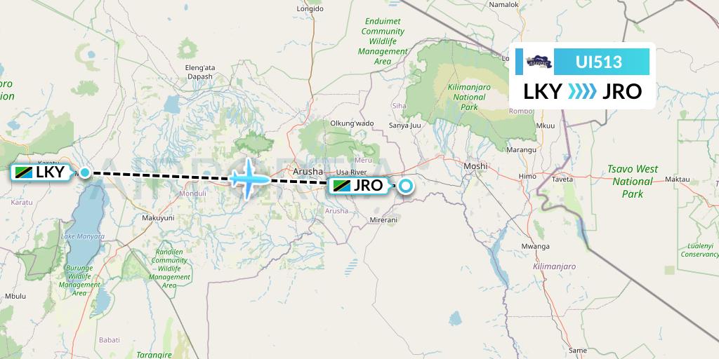 UI513 Auric Air Flight Map: Lake Manyara National Park to Kilimanjaro
