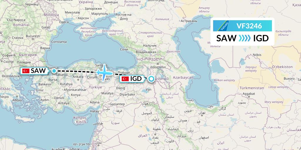 VF3246 ValuAir Flight Map: Istanbul to Igdir