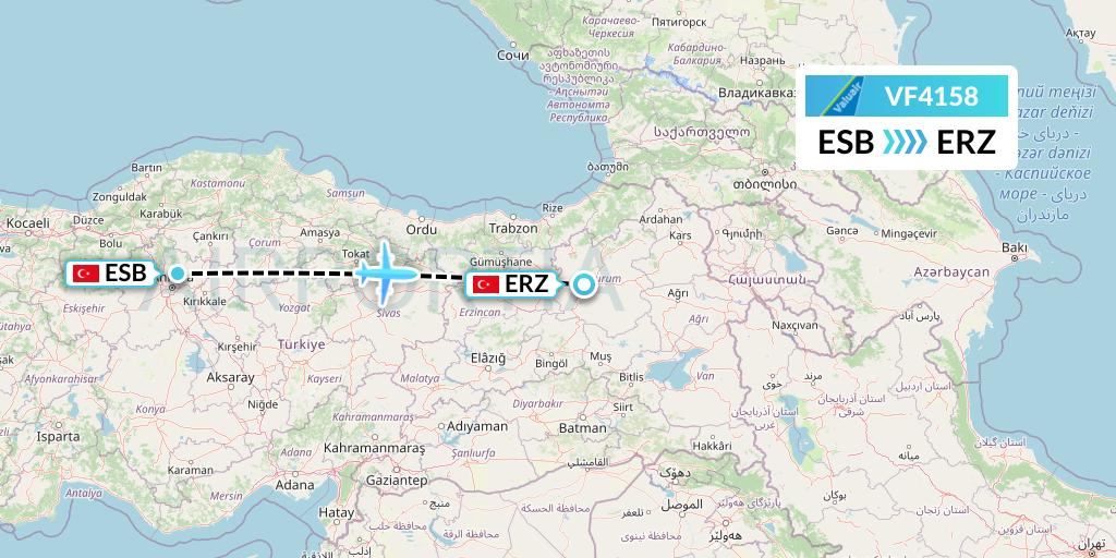 VF4158 ValuAir Flight Map: Ankara to Erzurum