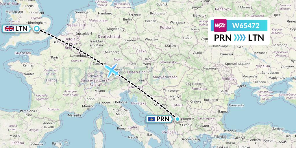 W65472 Wizz Air Flight Map: Pristina to London