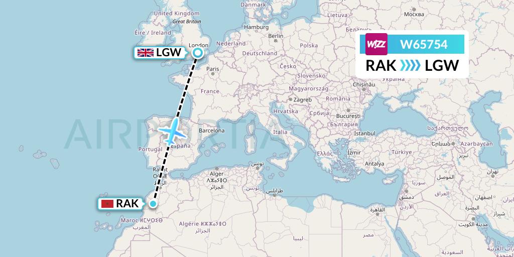 W65754 Wizz Air Flight Map: Marrakesh to London
