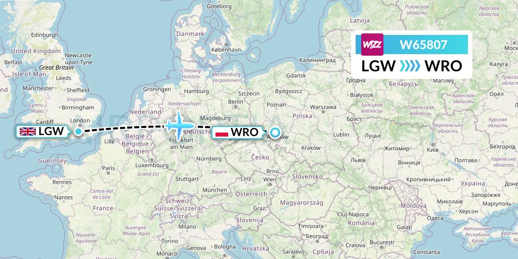 W65807 Wizz Air Flight Map: London to Wroclaw