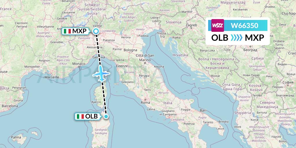 W66350 Wizz Air Flight Map: Olbia to Milan