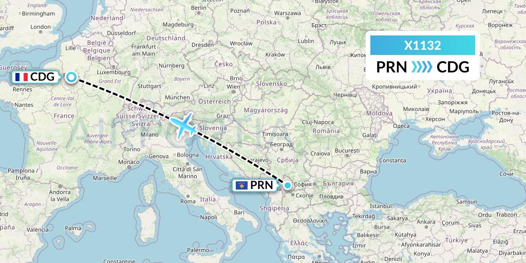 X1132 Nik Airways Flight Map: Pristina to Paris