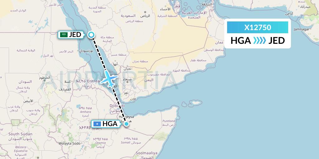 X12750 Nik Airways Flight Map: Hargeisa to Jeddah