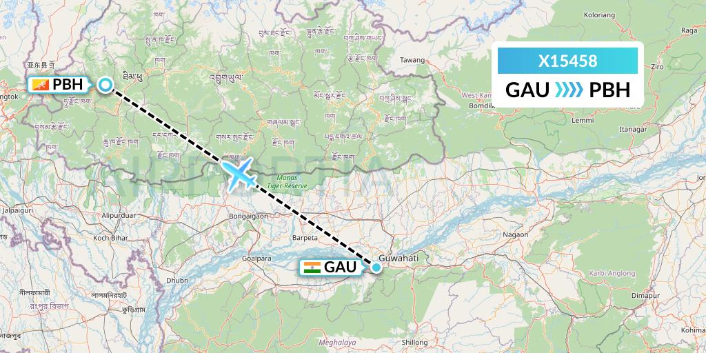 X15458 Nik Airways Flight Map: Guwahati to Paro