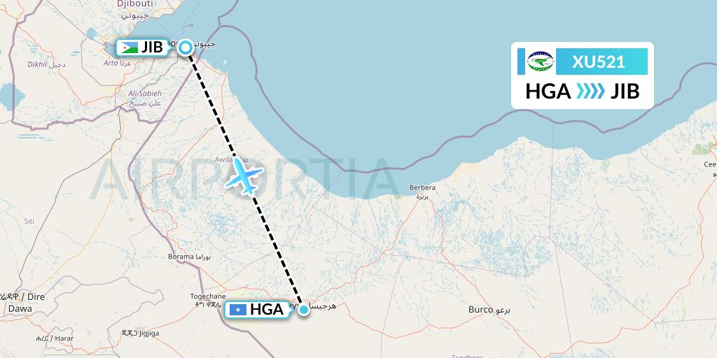 XU521 African Express Airways Flight Map: Hargeisa to Djibouti