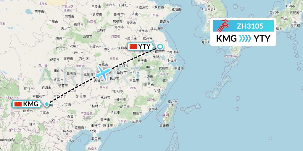 ZH3105 Shenzhen Airlines Flight Map: Kunming to Yangzhou