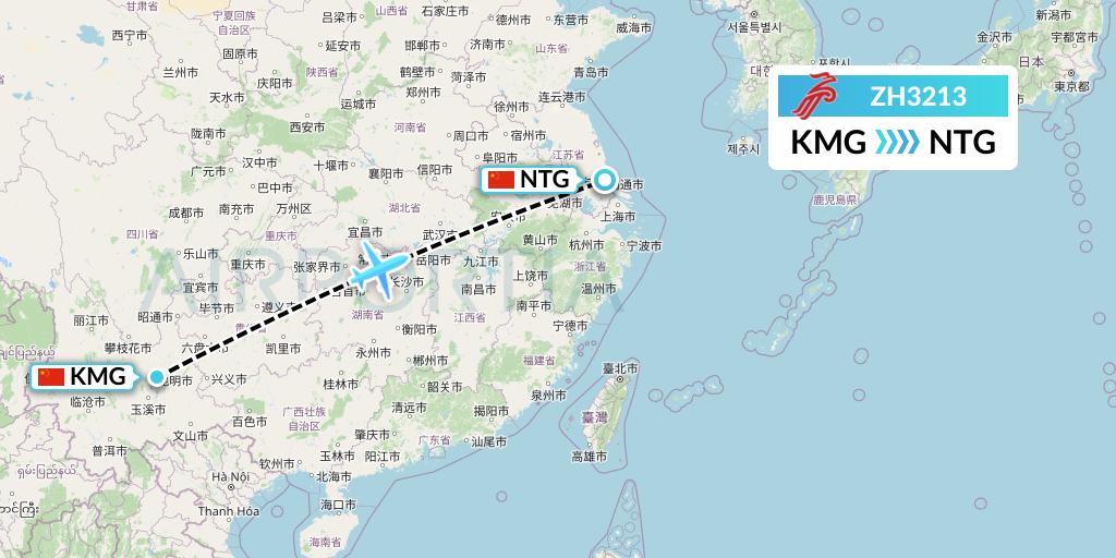 ZH3213 Shenzhen Airlines Flight Map: Kunming to Nantong