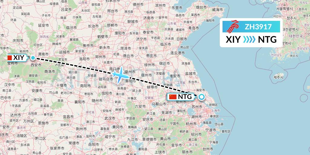 ZH3917 Shenzhen Airlines Flight Map: Xi'an to Nantong