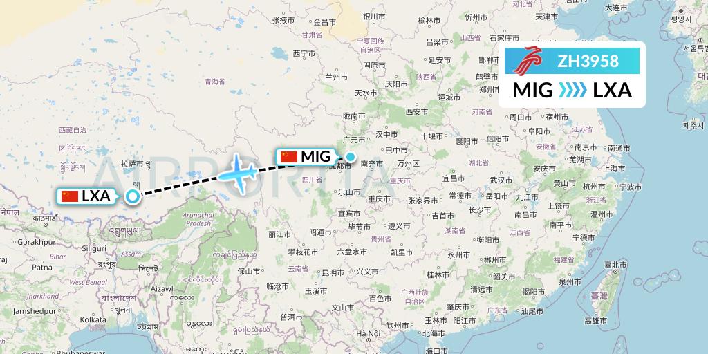 ZH3958 Shenzhen Airlines Flight Map: Mianyang to Lhasa
