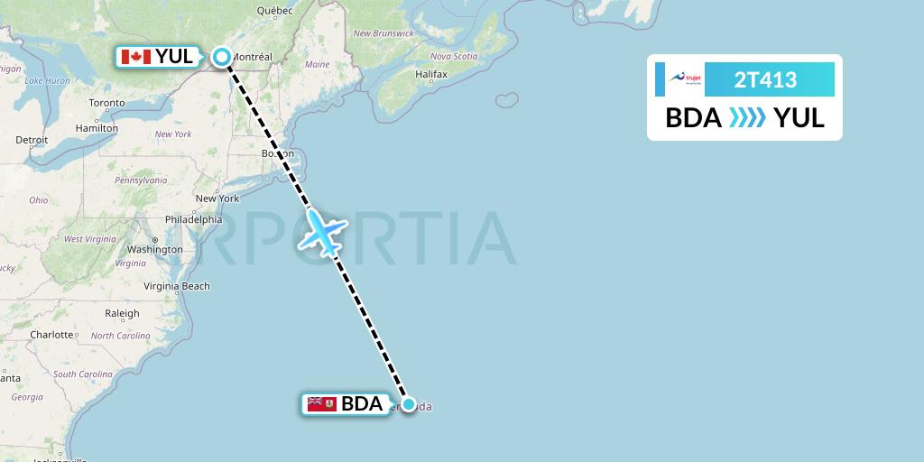 2T413 Trujet Flight Map: Bermuda to Montreal