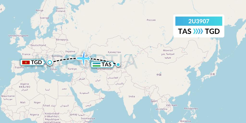 2U3907 Sun d'Or International Airlines Flight Map: Tashkent to Podgorica