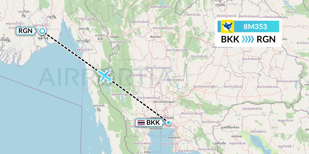 8M353 Myanmar Airways International Flight Map: Bangkok to Yangon