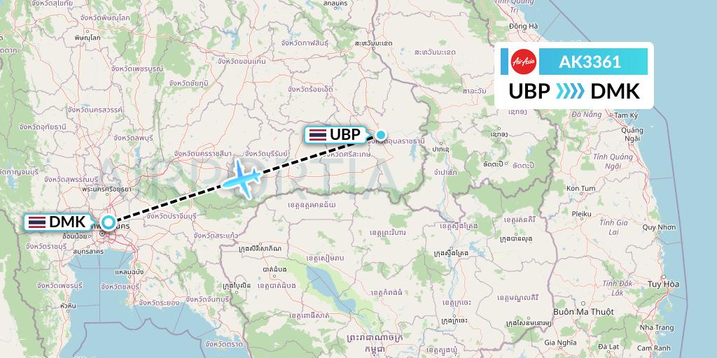 AK3361 AirAsia Flight Map: Ubon Ratchathani to Bangkok