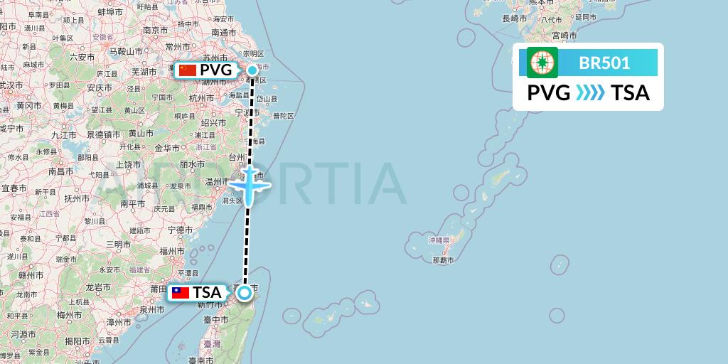 BR501 EVA Air Flight Map: Shanghai to Taipei