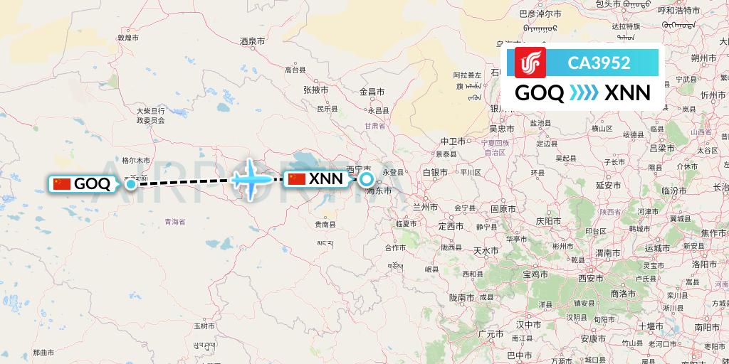 CA3952 Air China Flight Map: Golmud to Xining