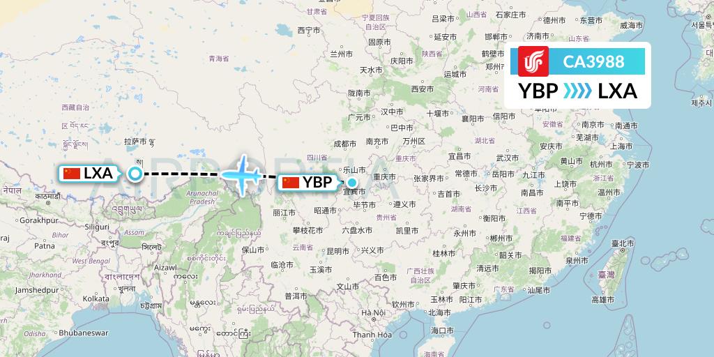 CA3988 Air China Flight Map: Yibin to Lhasa