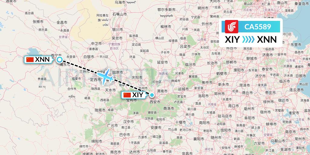 CA5589 Air China Flight Map: Xi'an to Xining