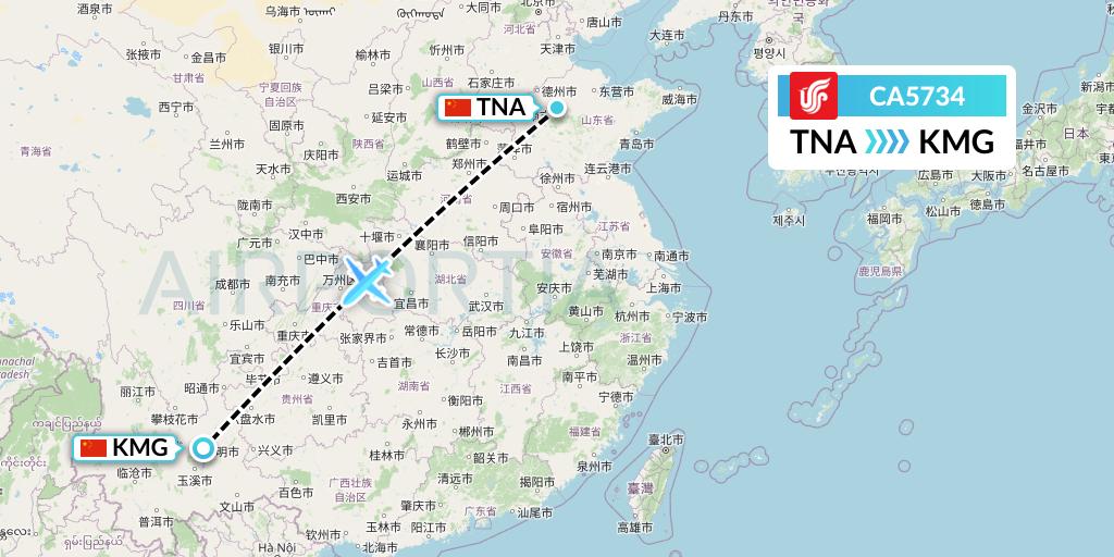 CA5734 Air China Flight Map: Jinan to Kunming