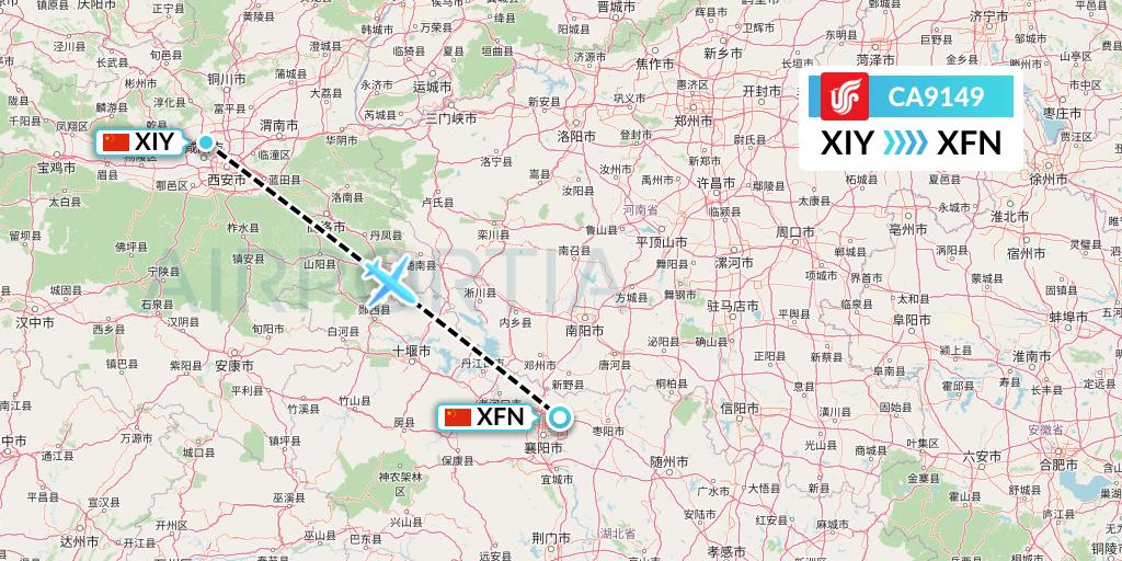 CA9149 Air China Flight Map: Xi'an to Xiangyang