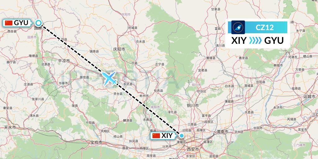 CZ12 China Southern Airlines Flight Map: Xi'an to Guyuan