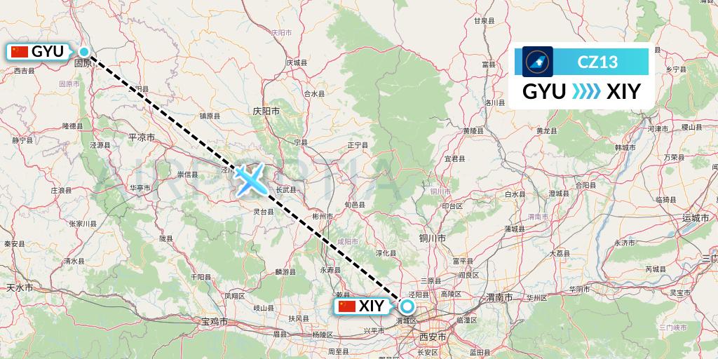 CZ13 China Southern Airlines Flight Map: Guyuan to Xi'an