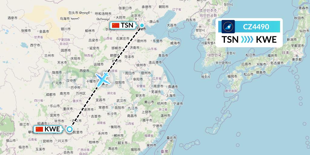 CZ4490 China Southern Airlines Flight Map: Tianjin to Guiyang