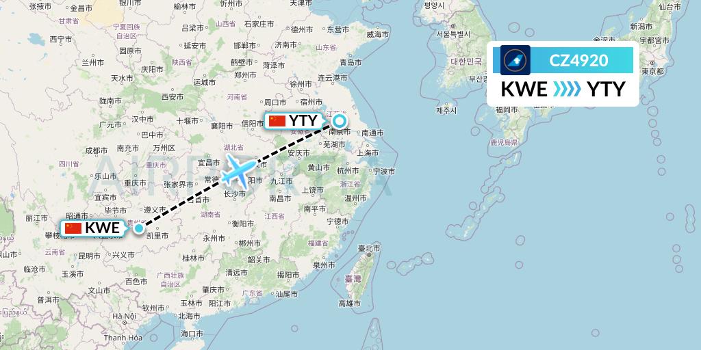 CZ4920 China Southern Airlines Flight Map: Guiyang to Yangzhou
