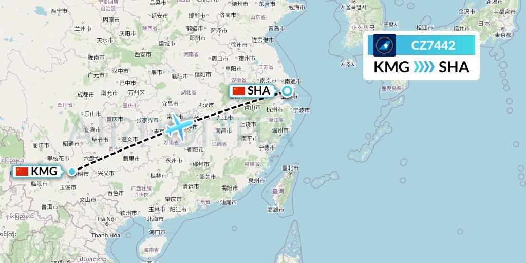 CZ7442 China Southern Airlines Flight Map: Kunming to Shanghai