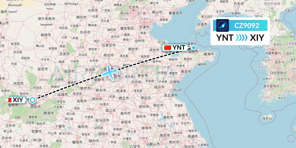 CZ9092 China Southern Airlines Flight Map: Yantai to Xi'an