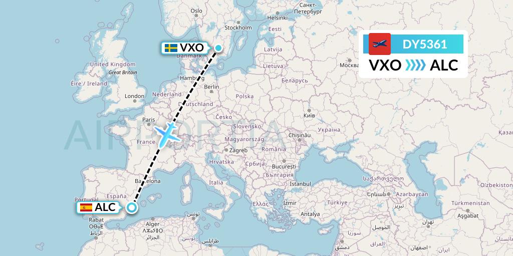 DY5361 Norwegian Flight Map: Vaxjo to Alicante