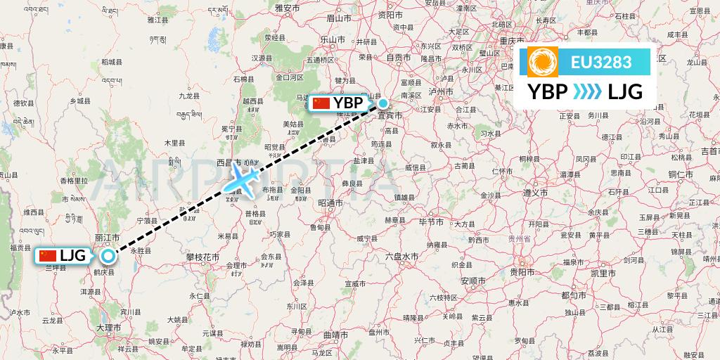 EU3283 Chengdu Airlines Flight Map: Yibin to Lijiang