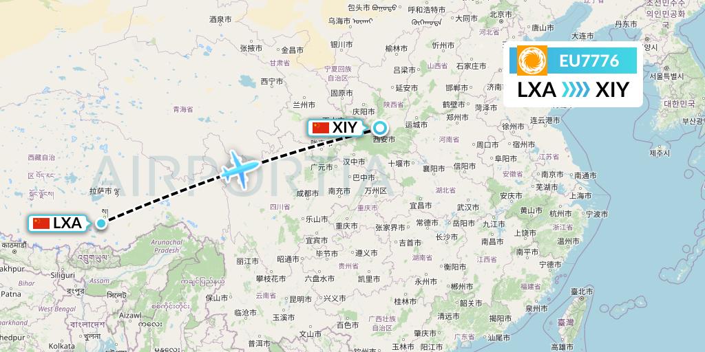 EU7776 Chengdu Airlines Flight Map: Lhasa to Xi'an