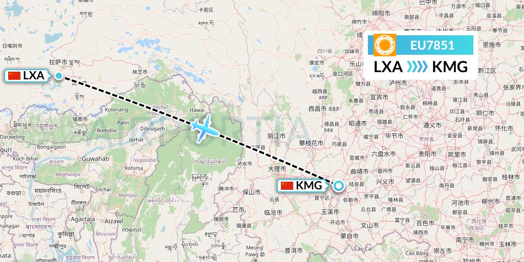 EU7851 Chengdu Airlines Flight Map: Lhasa to Kunming