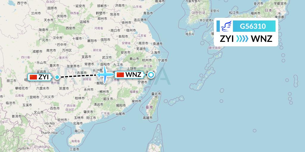 G56310 China Express Airlines Flight Map: Zunyi to Wenzhou