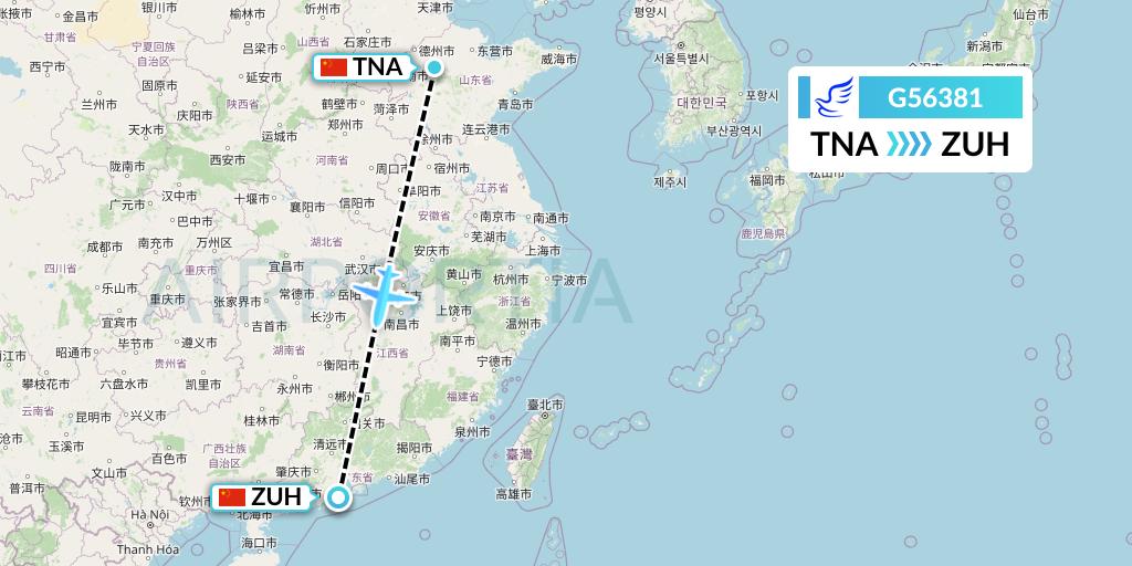 G56381 China Express Airlines Flight Map: Jinan to Zhuhai