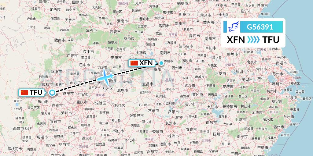 G56391 China Express Airlines Flight Map: Xiangyang to Chengdu