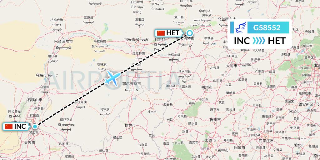G58552 China Express Airlines Flight Map: Yinchuan to Hohhot